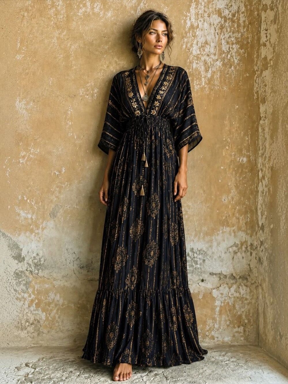 Zury Free Size Black Gold Metallic Paisley Boho Kaftan Maxi Dress Resort